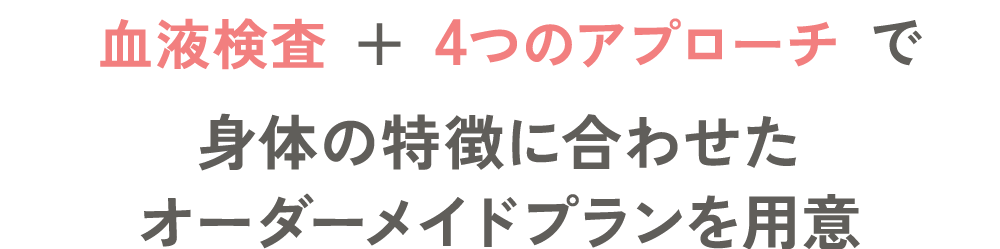 血液検査+4つのアプローチで身体の特徴に合わせたオーダーメイドプランを用意